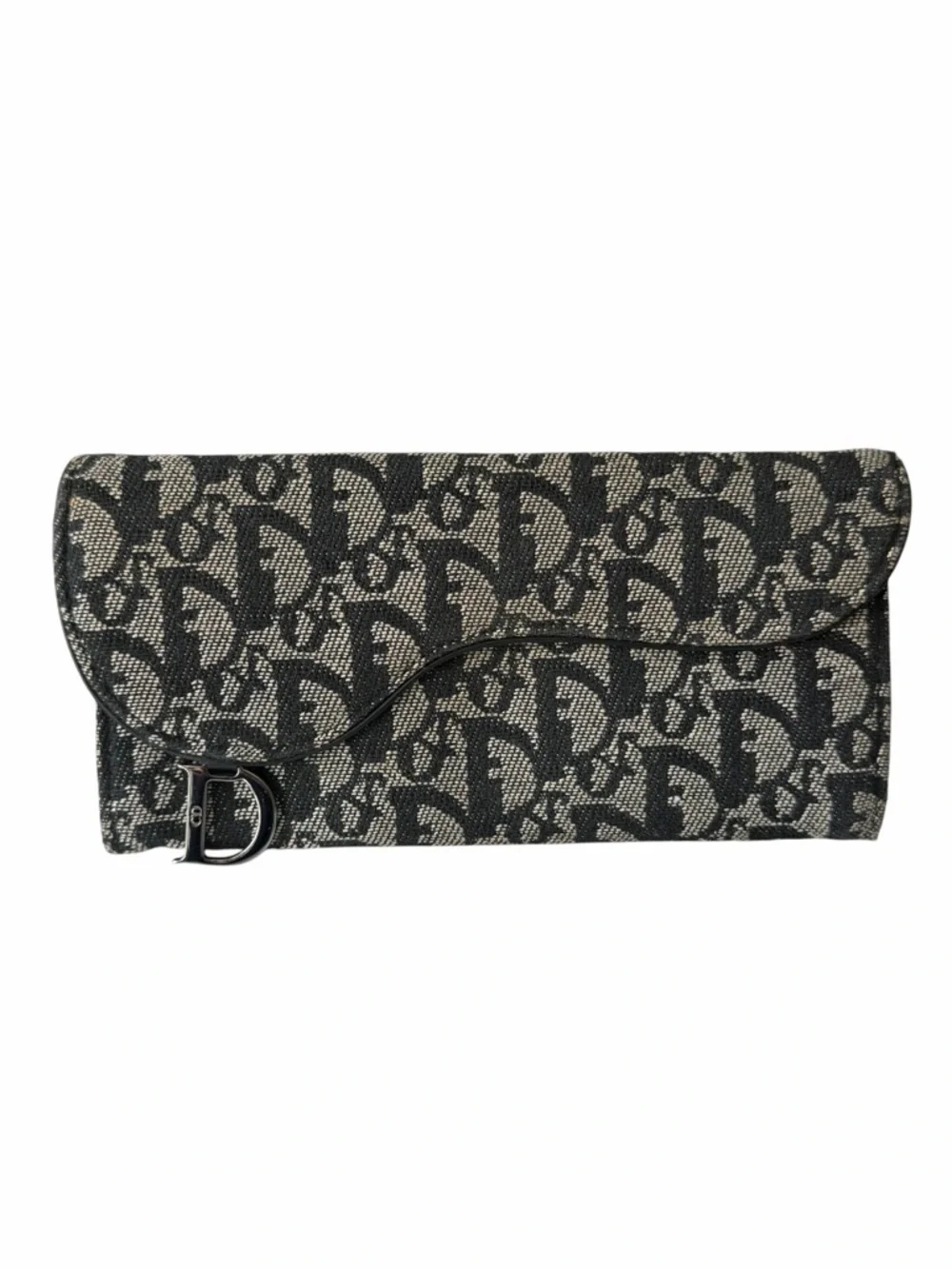 Christian Dior Oblique Saddle Wallet with D Charm Black Gray Canvas